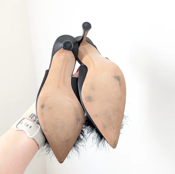 Steve Madden Black Feather Pom Pom Blythe Satin Slingback Heels Pumps - Picture 4 of 10